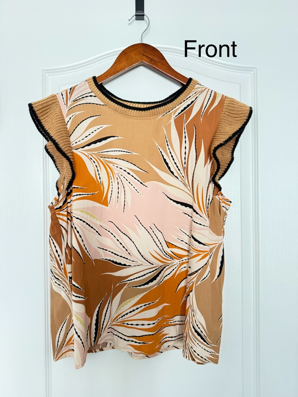 DR2 Leaf-Print Sleeveless Tank in Tan, Pink & Black Trim